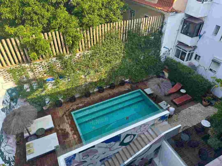 Backyard pool surrounded by greenery from above