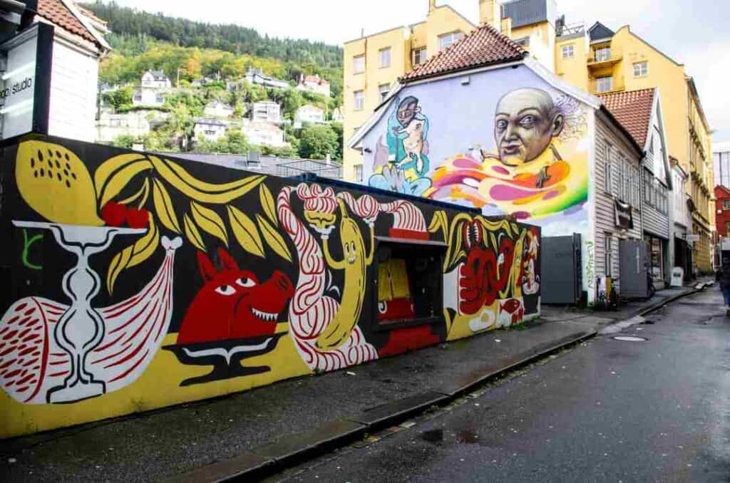 Colorful murals on city buildings