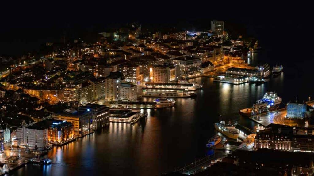 A city at night seen from above, with lots of lights in the buildings around a dark harbor body of water