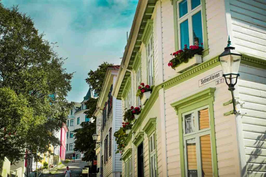 Old white wooden houses with green details on the windows decorated with colorful flowers on a sunny day