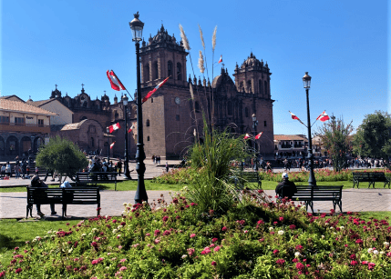 A close up photo of green bushes and flowers in a wide open park with light poles holding flags under the blue sky, with a beautiful church at the end of the park