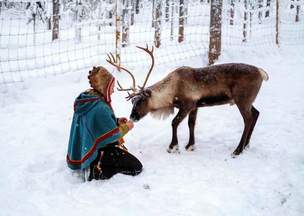 A woman in traditional indigenous clothing in the Arctic sitting with a reindeer in the snow