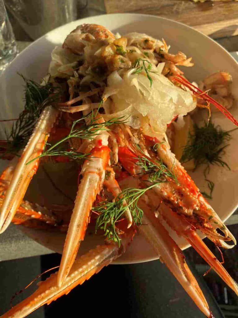 A close up of a seafood platter with pink crab legs and green herb decoration