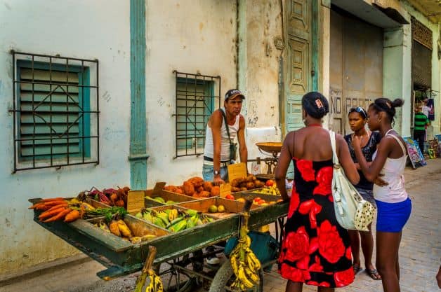 Street vendor with a cart selling fruit and vegetables, and people checking out his merchendise